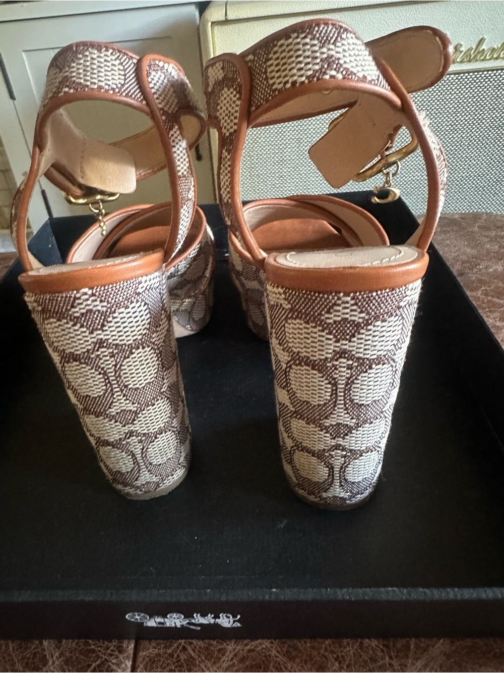Coach “Nelly” jacquard signature cocoa amber Block Heel Sandals - Picture 3 of 10